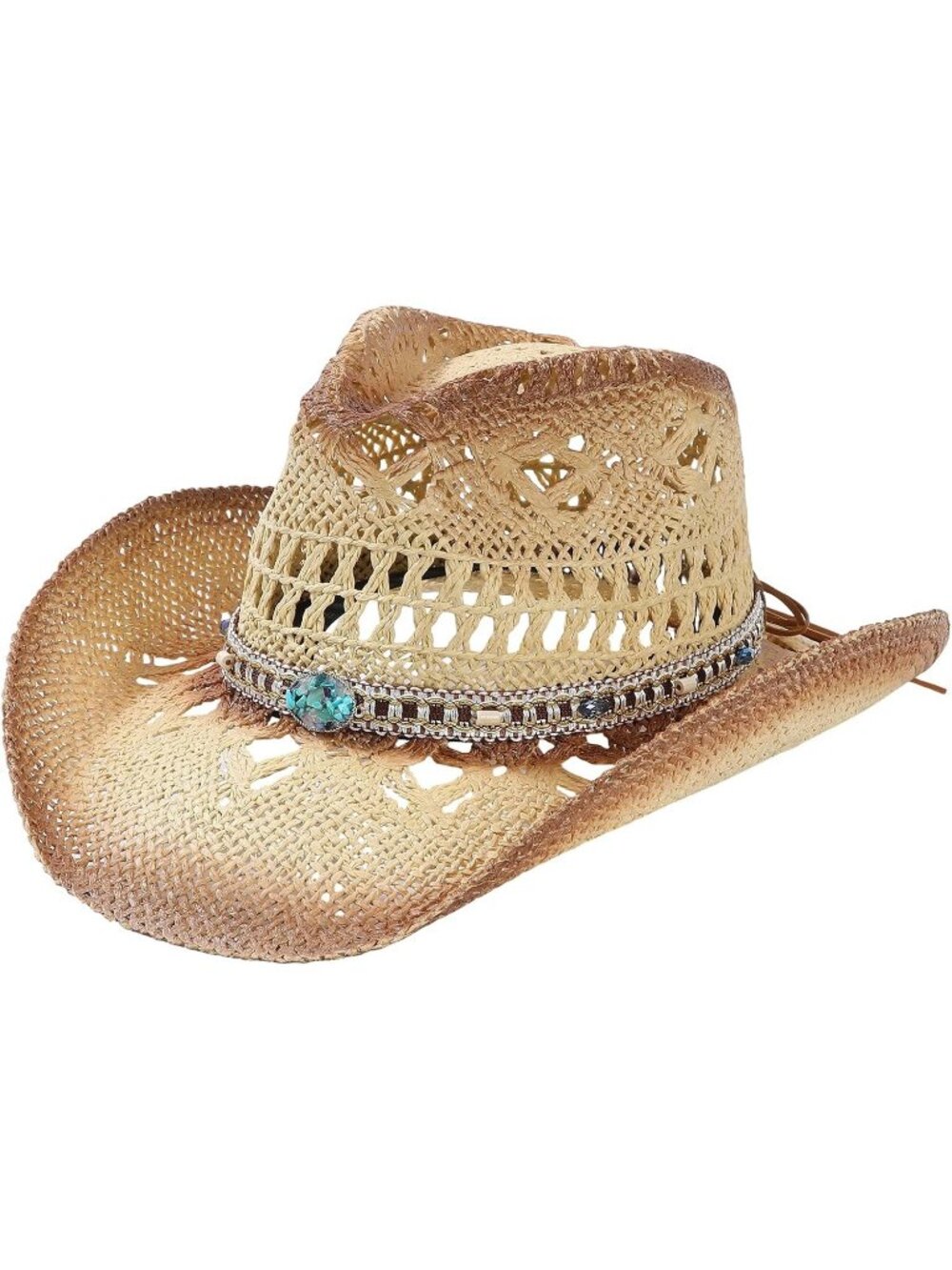 Unisex Tan Beaded Band Wide Brim Breathable Western Straw Summer Cowgirl Hat